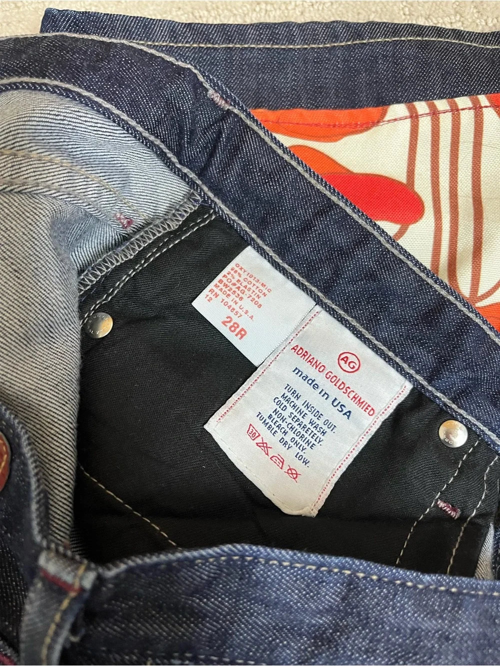 AG Adriano Goldschmied the Angel Dark Blue Jeans with Red Floral Cuffs, 28R
